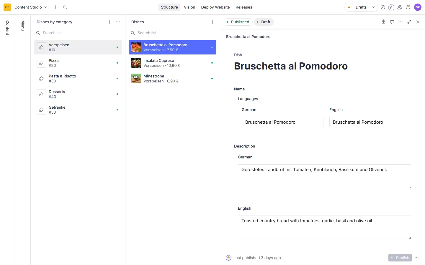 Formular eines Gerichts im Content Studio