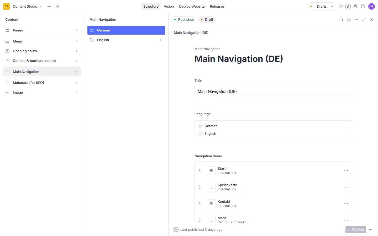 Navigation im Content Studio