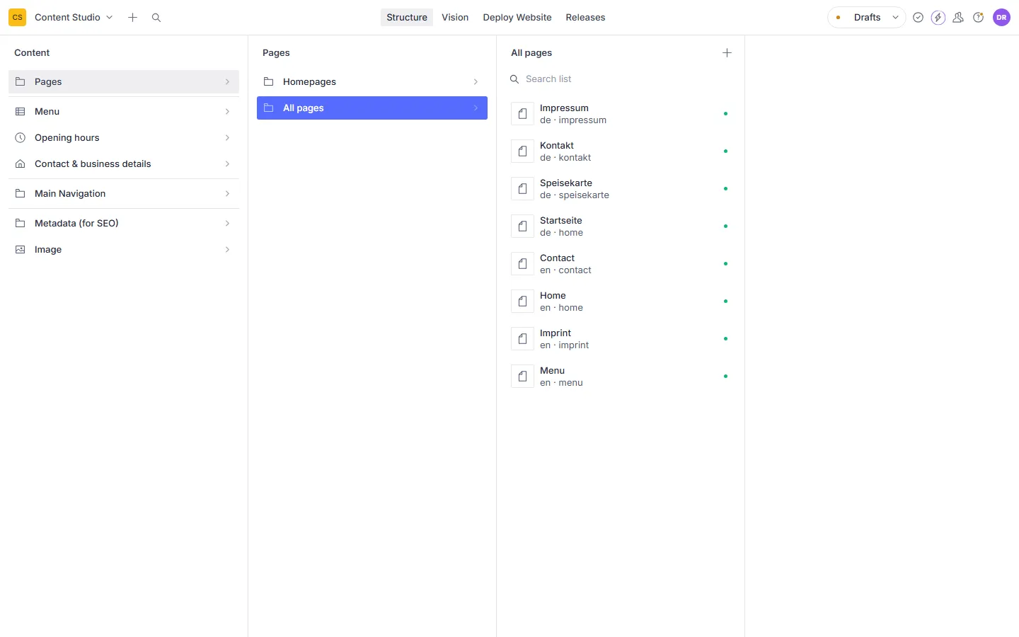 Liste aller Seiten im Content Studio