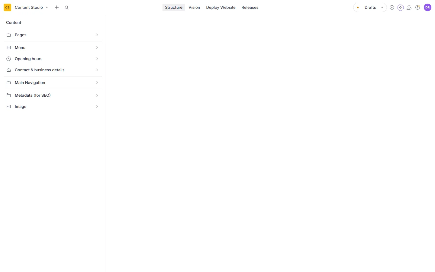 Startansicht des Content Studios mit der Inhaltsliste links