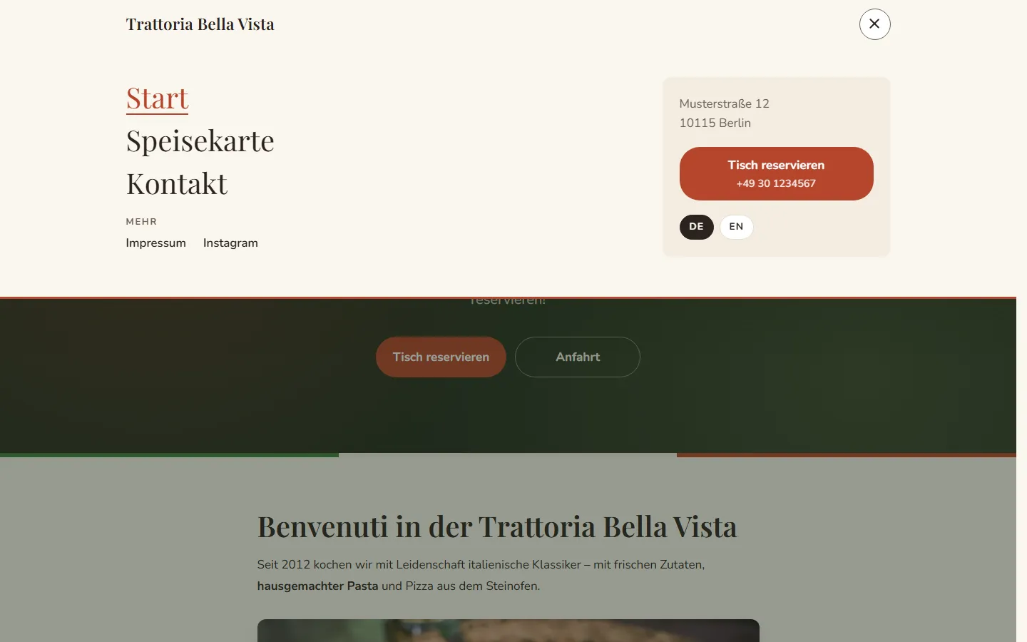 Geöffnetes Menü auf der Website