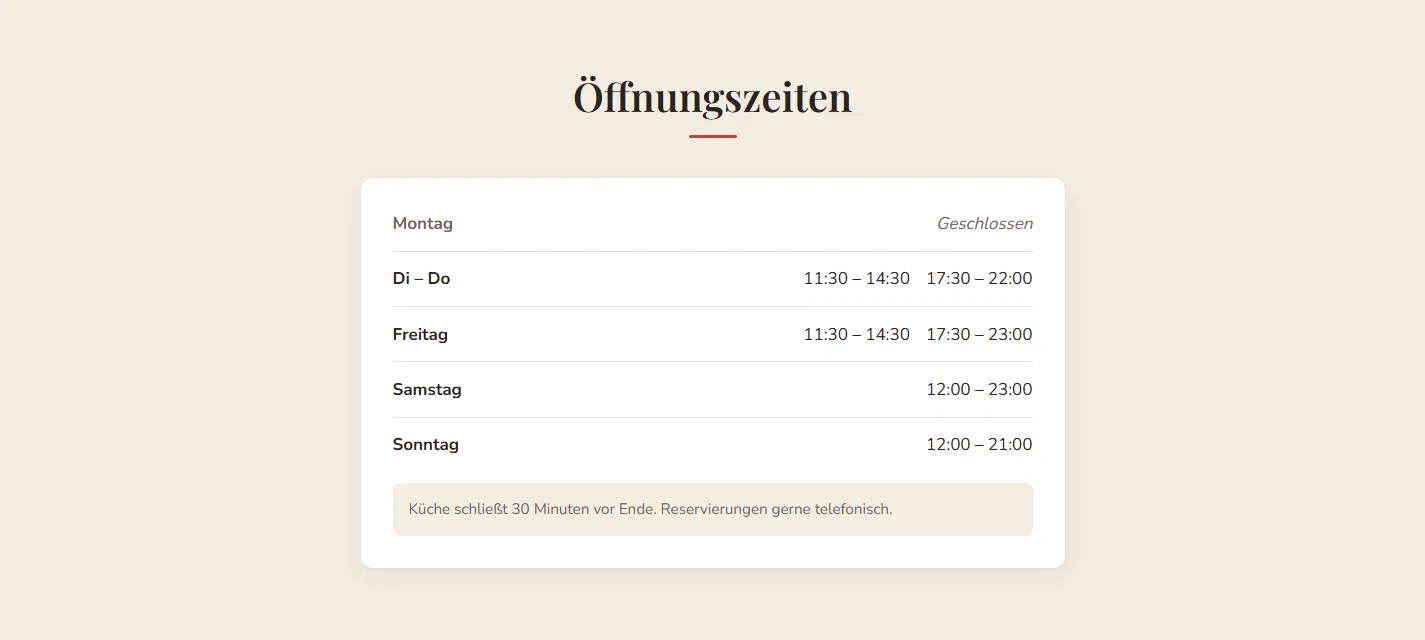 Öffnungszeiten auf der Website