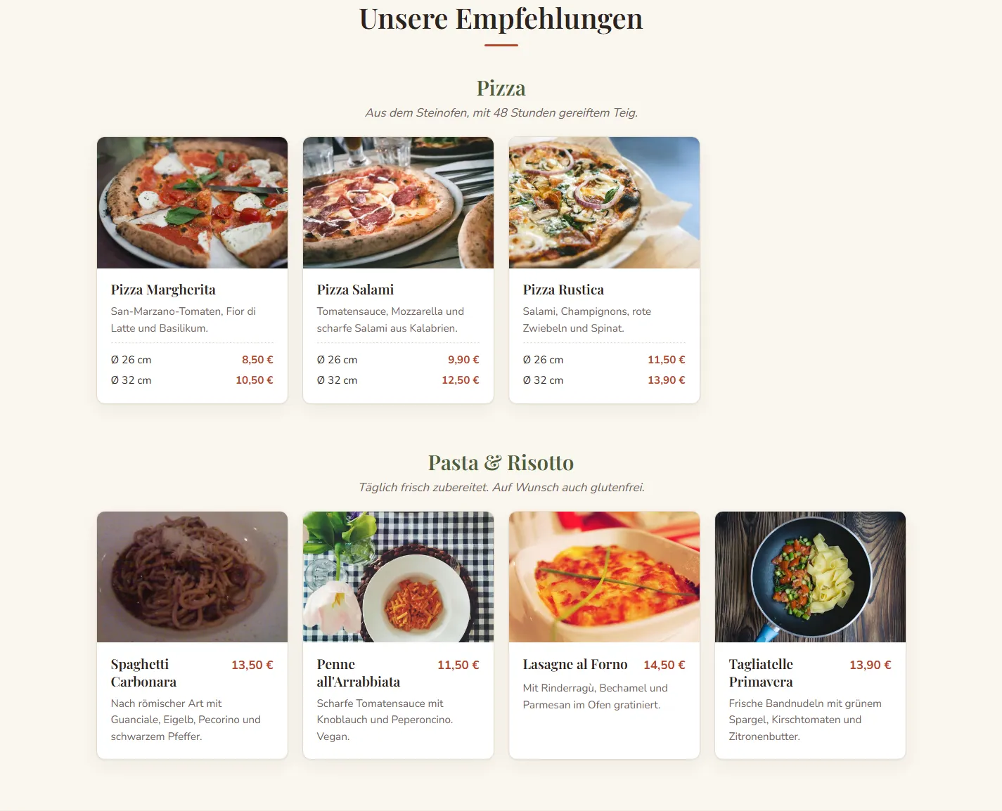 Speisekarte auf der Website