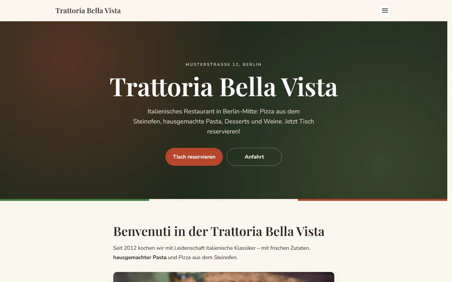 Startseite der Restaurant-Website
